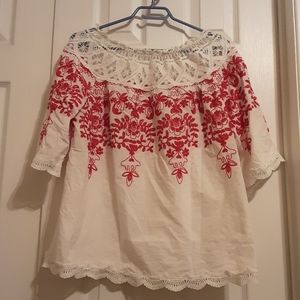 Boho Peasant Blouse With Embroidery, White, Sz M